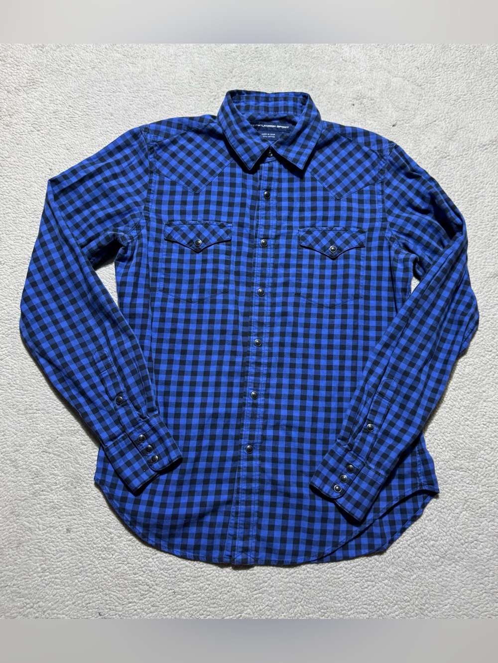 Polo Ralph Lauren Sport Shirt Womens 8 Blue Black Pearl Snap Button Up Western